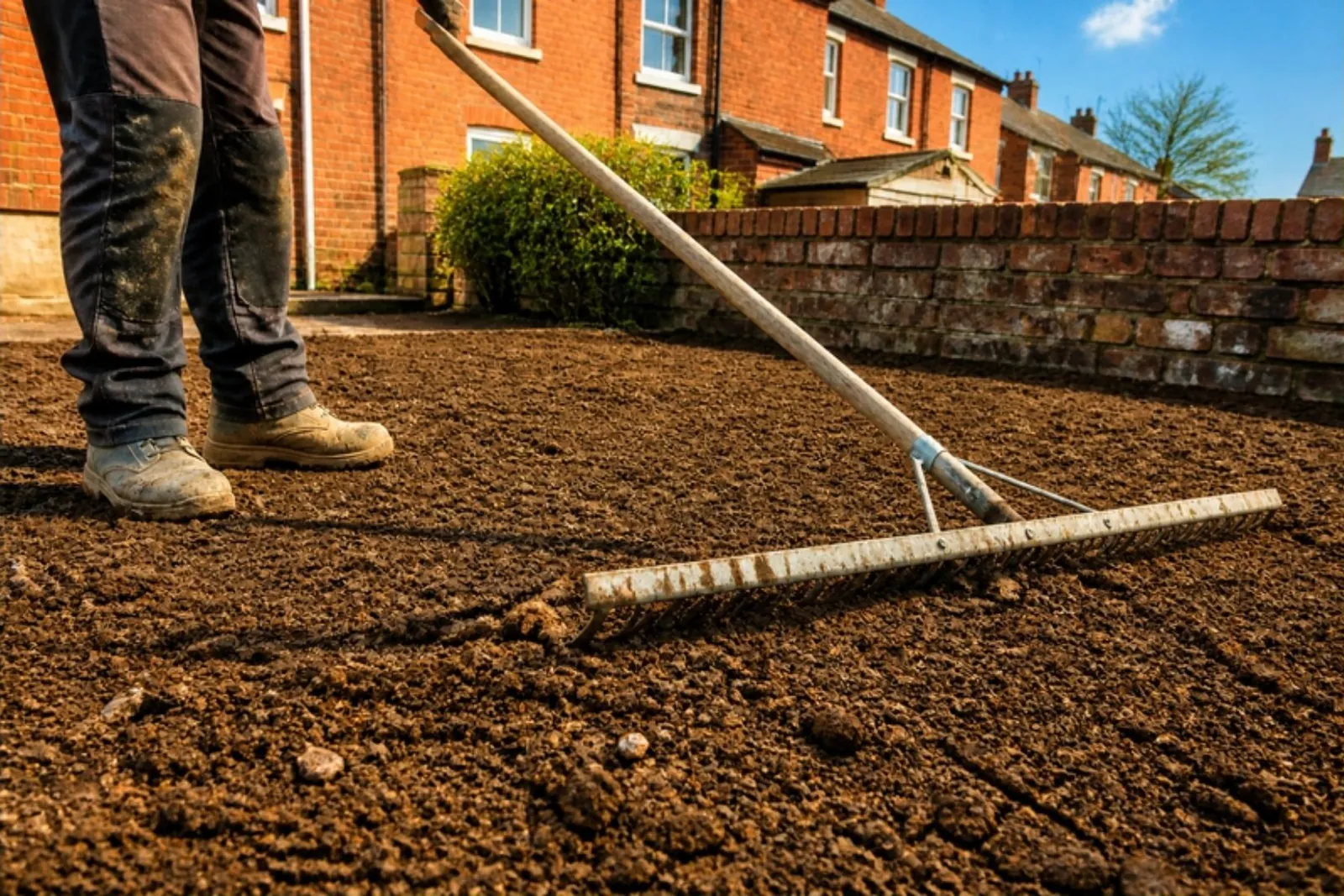 Landscaping rake levelling fresh soil in a back garden, ready for new turf