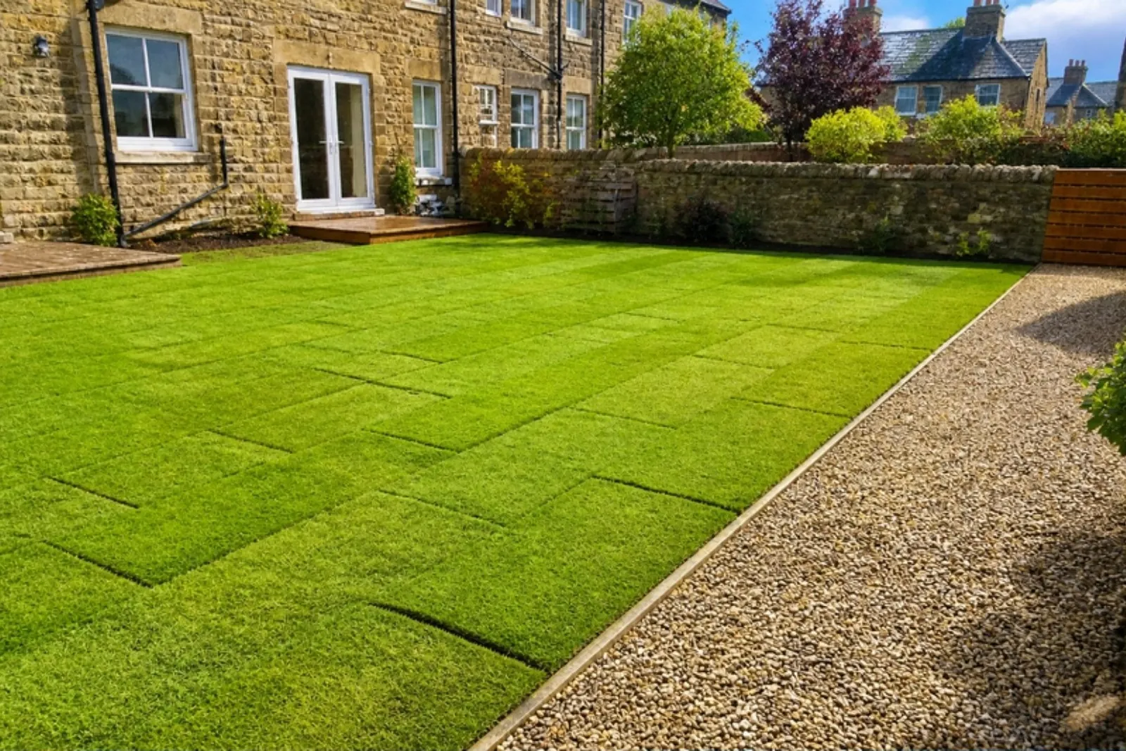 Freshly laid lawn behind a stone-built terraced house, with a gravel path and a low stone wall