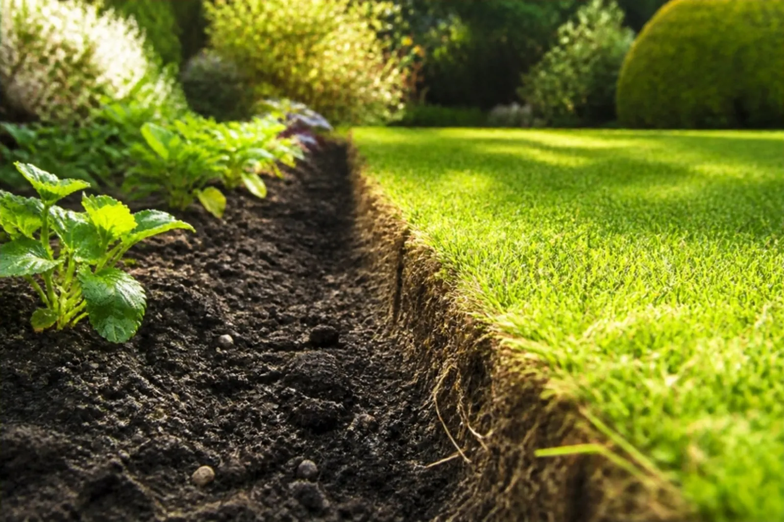 Close-up of a crisply cut turf edge beside a dark soil border with young plants